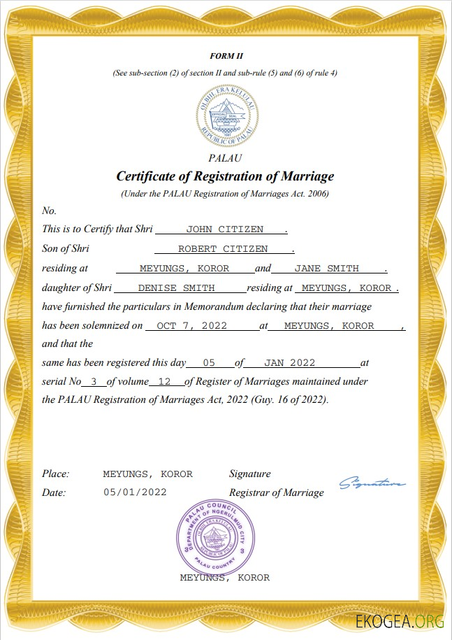 Modèle Word et PDF de certificat de mariage aux Palaos